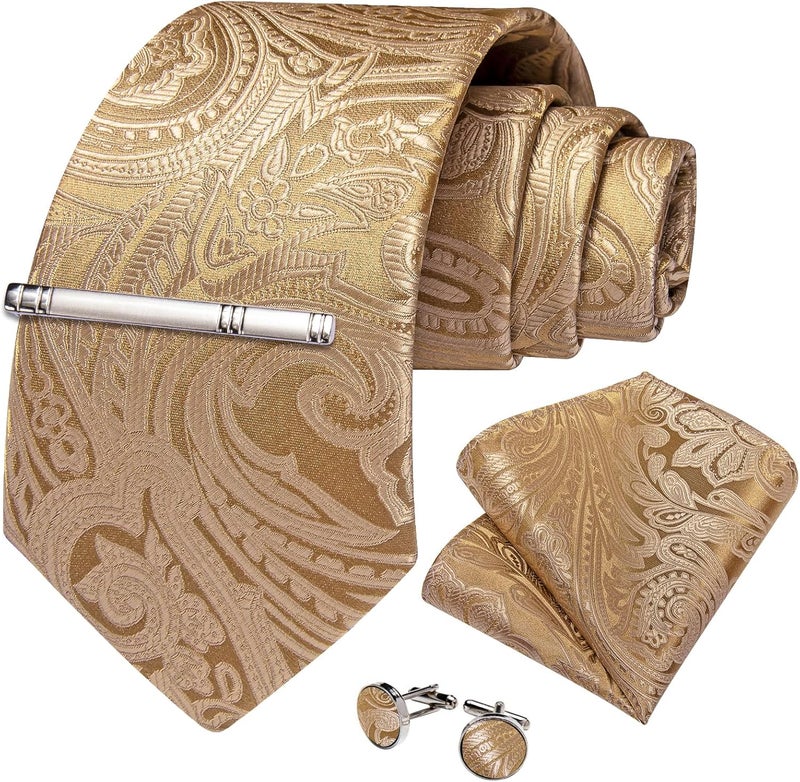 DiBanGu Paisley Ties for Men Silk Necktie and Pocket Square Cufflinks Tie Clip Set Woven Classic Mens Tie for Wedding Party - Image 3